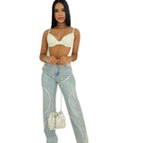Fongt Women's Casual Jeans Women's New Trend Clear Diamond Splicing Straight Jeans