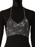 Women Trendy Shiny Rhinestone Crop Top Glitter Crystal Mesh Fishnet See Through Backless Tank Top for Women Y2K Halter