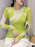 Fashion Printing Long-Sleeved Round Neck T-shirt Women Contrast Color Slim Double-Layer Mesh Tees Tops-Outfit