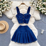 Fongt Port Style Retro Hottie Set Short Sling Vest With Mini Half-Dress Denim Two-Piece Tide