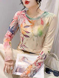 Spring Summer Intimated Silk Fabric T-shirts For Women Fairy Printing Floral Tee Shirt Female Slim High Stretch Top-Outfit