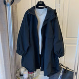 Designer Small Versatile Loose Leisure Cocoon Double Pocket Spell Successive Hat Long Windbreaker Coat Female Spring And Autumn-Outfit