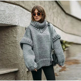 Women Solid Knit Turtlrneck Sweater Casual Oversize Lantern Long Sleeve Pullover 2023 Autumn Winter Slit Thick Warm Top