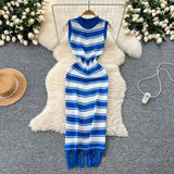 Fongt Fan Temperament Body-In-County-Necked Sleeveless Striped Knitted Dress Women's Summer Tight-Dled Ass Tuxedo Dress