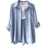 Fongt Women's Wrinkle Collar Long-Sleeved Shirt High-Waisted Rope Shorts Fashion Casual Two-Piece Set
