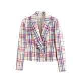 Tweed Woolen Jacket Ultrashort Suit Coat Women Spring Autumn High-waist Plaid Blazers Feminine Slim Casual Tops