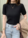 Summer Knitted Thin Sweater Pullovers Korean Half Sleeve Turtleneck Sweater for Women Slim Jumper Tops Office Lady-Outfit