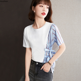 Women's T-shirt Fashion Top Casual T Shirt Splicing Tees Loose Satin O-Neck Short Sleeve Korean New Summer Female