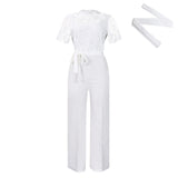 Fongt Women's Sexy Lace Lace Hollow Short-Sleeved Strap High-Waisted Broad-Legged Jump-Legged Jumpsuit