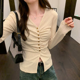 V-Collar Pleated Shoulder Long-Sleeved T-Shirt A New Spring Style Slim Design With A Bottomed