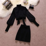 Ropa Mujer Fashion 2 Piece Set for Women Turtleneck Lantern Sleeve Bandage Hoodies Bodycon Mini Skirt Suit Elegant