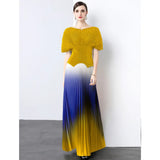 Fongt Folded Suit Women's Summer Design Feeling Shiny Short-Sleeved Top High Waist Gradient Color Bajamas Skirt