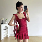 Fongt Lotus Leaf Tie With Red Dress Summer Thin Mesh Style Tens Of Thousands Of Folded Belt Hanging Skirts