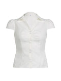 Short Sleeve V-Neck Plain Ruched Shirt-Outfit