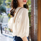 Cotton Lace O-neck Casual Blouses Plus Size Summer New 2021 Korean Fashion Women's Lantern Sleeve Loose Shirts