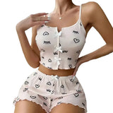 Heart-Shaped Eyelash Print Pajamas Set V-Neck Slings Shorts Ladies
