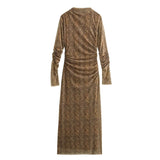 Fongt Women's Clothing 2025 Spring New Printing Mesh Collar Long Sleeve Folded Long Dress