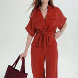 Fongt Summer 2025 Summer Commute Elegance Commute Elegance With V-Neck Tie Trousers Set