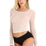 Fongt Elastic Tight Perspective Sexy Mesh Bottom Shirt Transparent Long Sleeve T-Shirt Women's Lace