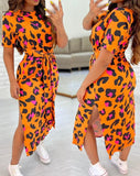 Fongt Round Neck Short Sleeve Slit A-Line Dress Tie Print Women's