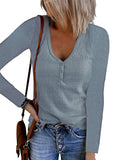 Fongt Autumn New Women's Button Vest Solid Color V-Neck Long-Sleeved T-Shirt Top