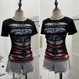 Fongt Rock Gothic 2025 Summer Dress Hole Design Feel Short-Sleeved Printed T-Shirt 26961