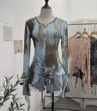 Irregular Tie With Lotus Leaf Side Tie Print Mesh Yarn Perspective Sunscreen Shirt T-Shirt T-Shirt Short T-Shirt