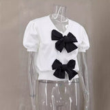 Fongt And Sweet Niche Wind 2025 Spring New V-Necked Short-Sleeved Personality Double Bow Solid Color Sweater Woman