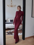 Fongt And Winter Fashion Women's High-Necked Long-Sleeved Splicing Strap To Close The Waist-Repair Temperament Solid-Colored Dress Woman