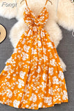 Women Beach Long Dress Summer Sexy V Neck Spaghetti Strap Backless Boho Floral Dresses Woman A-line High Waist Party