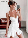Cotton White Spaghetti Strap Sexy Bodycon Dress Women breasted Mini Sundress Summer Lace-Up Ladies Corset Dress