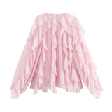 Fongt 2025 New Women's V-Neck Single Buckle Long-Sleeved Cascade Decorative Shirt 10 Colors
