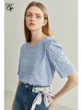 O-Neck Short Slevee Women T-Shirts Solid 2022 Summer New Art Women Tops Texture Sense French Bubble Half Sleeve