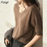 Solid Colour Knitted Women's Sweater Short-Sleeved Ladies V-Neck Cotton Pullover Korean Bottoming Shirt Sweater