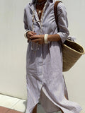 Fongt Women's New Five-Sleeve Striped Open-Shirt Shirt Dress 8061