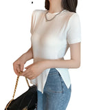 Fongt Summer Wear New Net Red Ins Super Fire Slim Versatile Side Slit Black Short-Sleeved T-Shirt Women's Chic Top