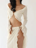 Women Ruffles 2 Piece Skirt Set Long Sleeve Mesh See Through Shirts Tops Low Waist High Split Skirts Outfits Clubwear-Outfit