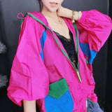Contrasting Colors Hooded Coats Women's Clothing Stylish Pockets Patchwork Summer Thin Zipper Casual Loose Jackets-Outfit
