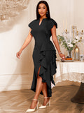 Fongt V-Neck Loaf-Side Dress High-Waisted Open-Fork Irregular Hem Dinner Dress Dress Dress