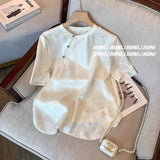 Chinese Style Disc Button Round Neck Jacquard Satin Shirt Women 2024 Summer French Casual Chic Short-Sleeved Blouse-Outfit