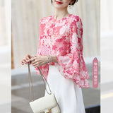 Goddess Pink Pink Imitation Silk Printed Seven-Cent Lotus Leaf Sleeve Round Collar Loose Blouse-Outfit