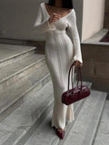 Fongt Women's Fashion Elegant V-Neck Knitted Dress Horny Sleeves Hollowed-Braceed Long Dress