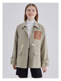 Women Vintage Patchwork Short Jacket Trendy Turn-down Collar PU Pocket Loose Casual Single Breasted Trend Thin Coat Autumn