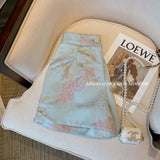 Advanced Sense Shorts Girls 2023 Summer Embroidery Retro High-End Trousers Satin Wide Legs Blue Hip Pants-Outfit