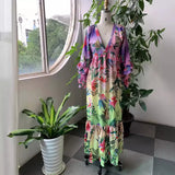Fongt Summer New Printing Gradient Lotus Leaf Side V-Neck Sexy Lanky Long Dress