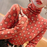 Lady Turtleneck Pullovers Autumn Winter Female Elegant Thick Slim Stylish Letter Printed All-match Long Sleeve T-shirt-Outfit