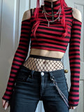 Dark Grunge Striped Mall Gothic Basic T-shirts Punk E-girl Aesthetic Bodycon Casual Crop Tops Long Sleeve Open Shoulder