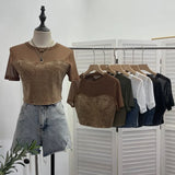 Fongt Summer Denim Splicing Mesh Yarn Short-Sleeved T-Shirt Design Fake Two Hot Girl Short Top 26231