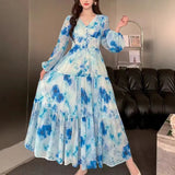 Fongt Dress Women 2025 New High-End Sense V-Neck Pearl Buckle Lantern Sleeves Wide Swing Print Long Skirt