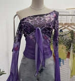 Hottie Sexy Leopard Print Mesh Fake Two Strap Long-Sleeved Top Short Slanted Shoulder T-Shirt